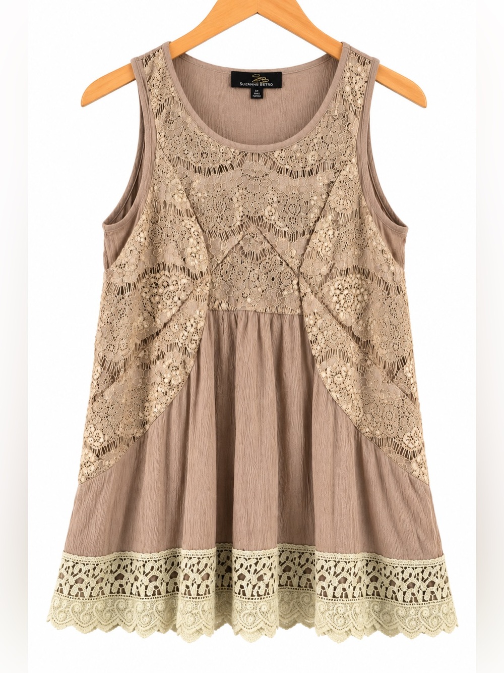 Suzanne Betro M Boho Lace Crochet Tunic Tank Top Taupe Romantic Cottagecore